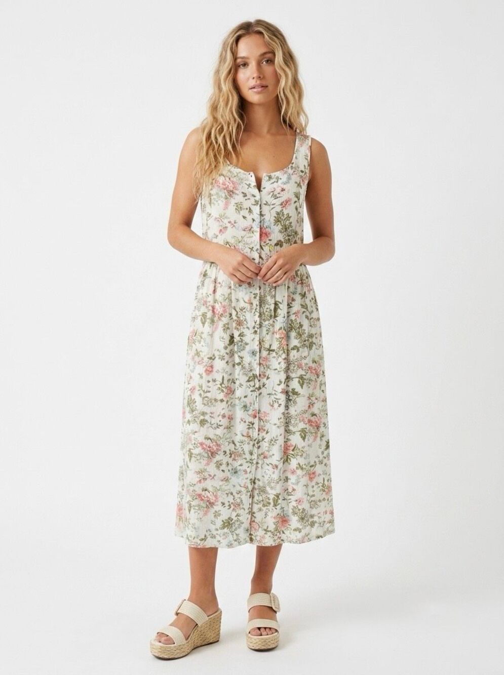Frye Cottagecore Boho Floral Button Front Sleeveless Soft Girl Midi Dress Large